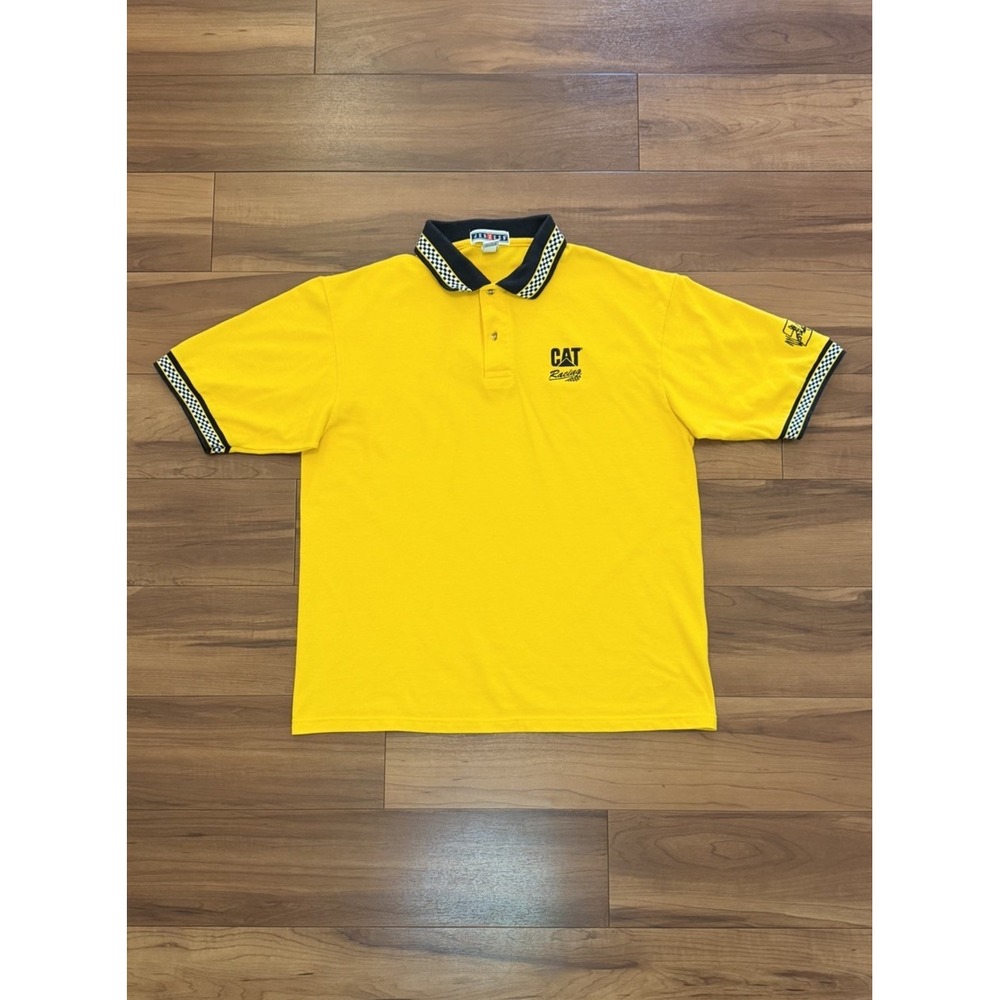 Vintage CAT Racing Polo Shirt Jerzees Yellow Checkered Burton 22 USA Men's Large